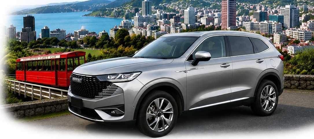 Modern spacious hybrid HAVAL vehicle with Wellington city and cable car in the background